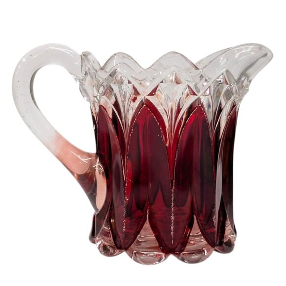 Vtg Ruby Stained Glass Pitcher Etched Victorian Style with Handle 4.5" x 4.5" - Picture 1 of 11